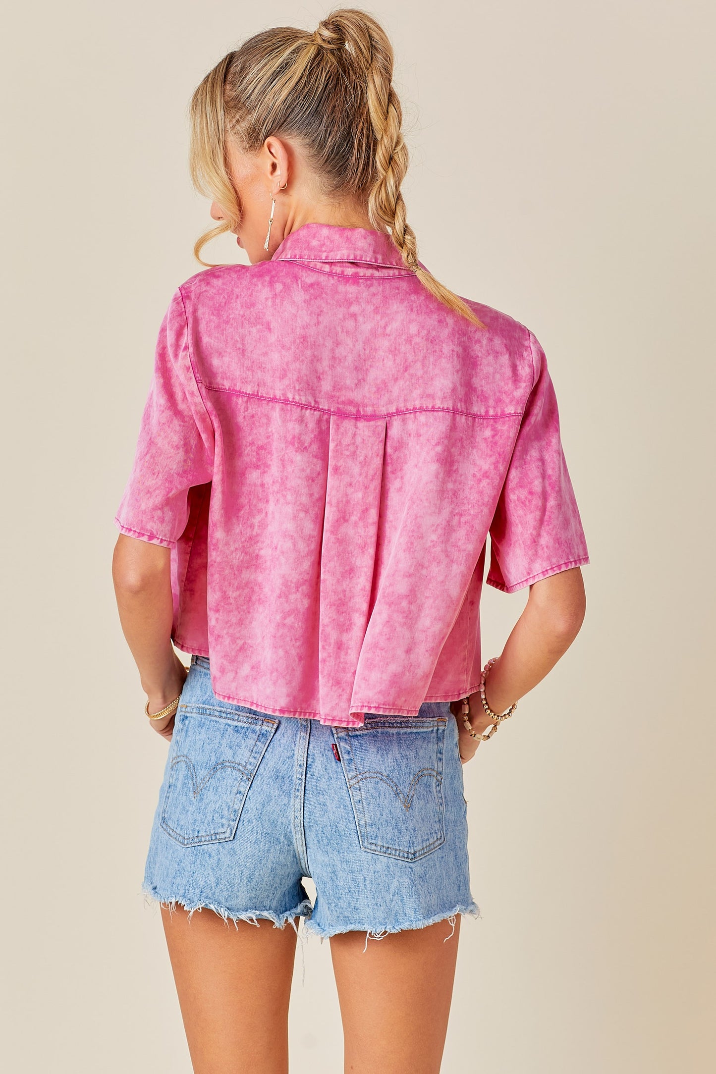 Acid Washed Pleated Cropped Button Down Shirt