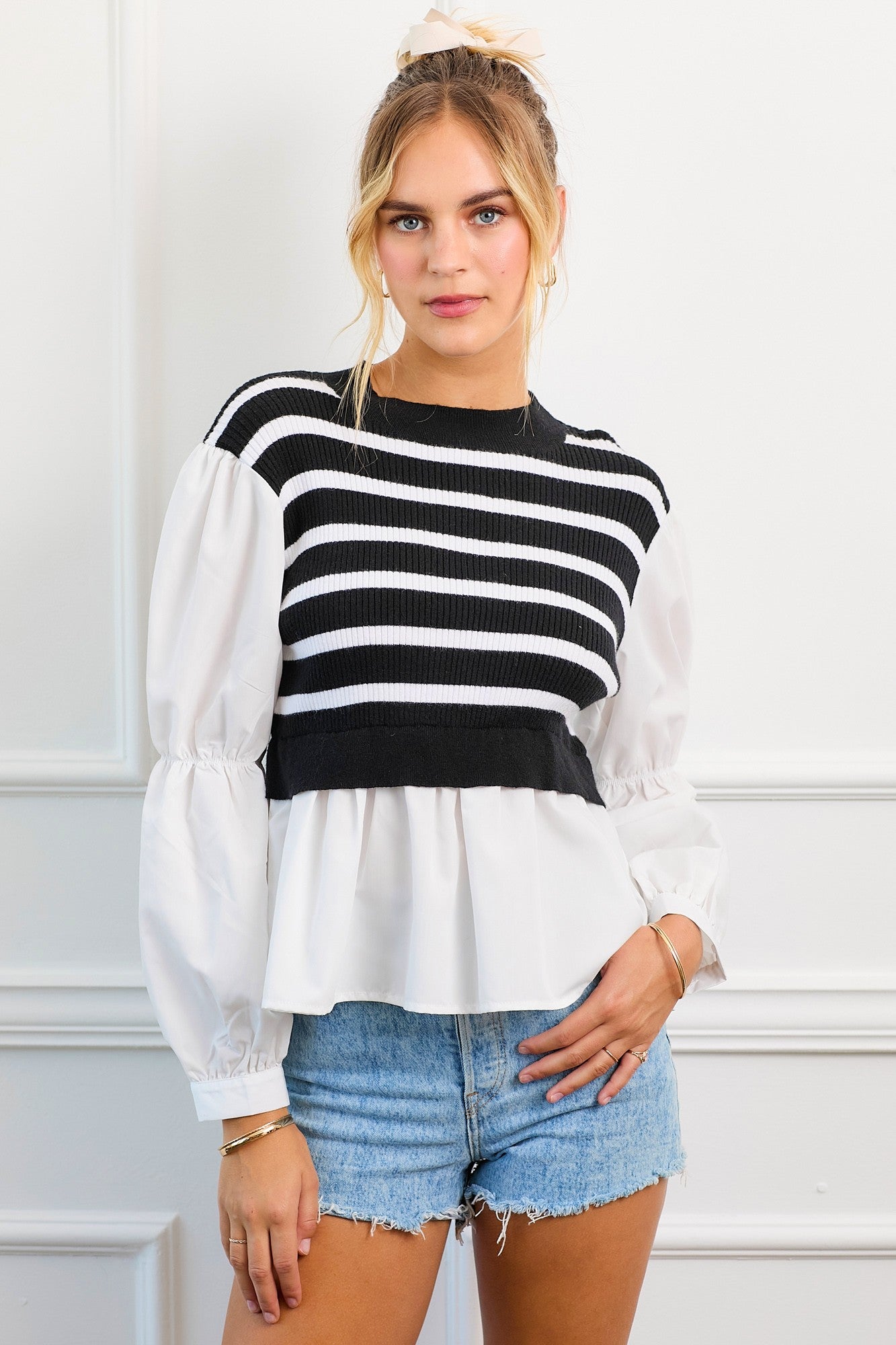 Stripe Sweater Top With Contrasting Poplin
