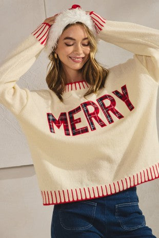 Merry Christmas Lettering Stitches Detail Sweater