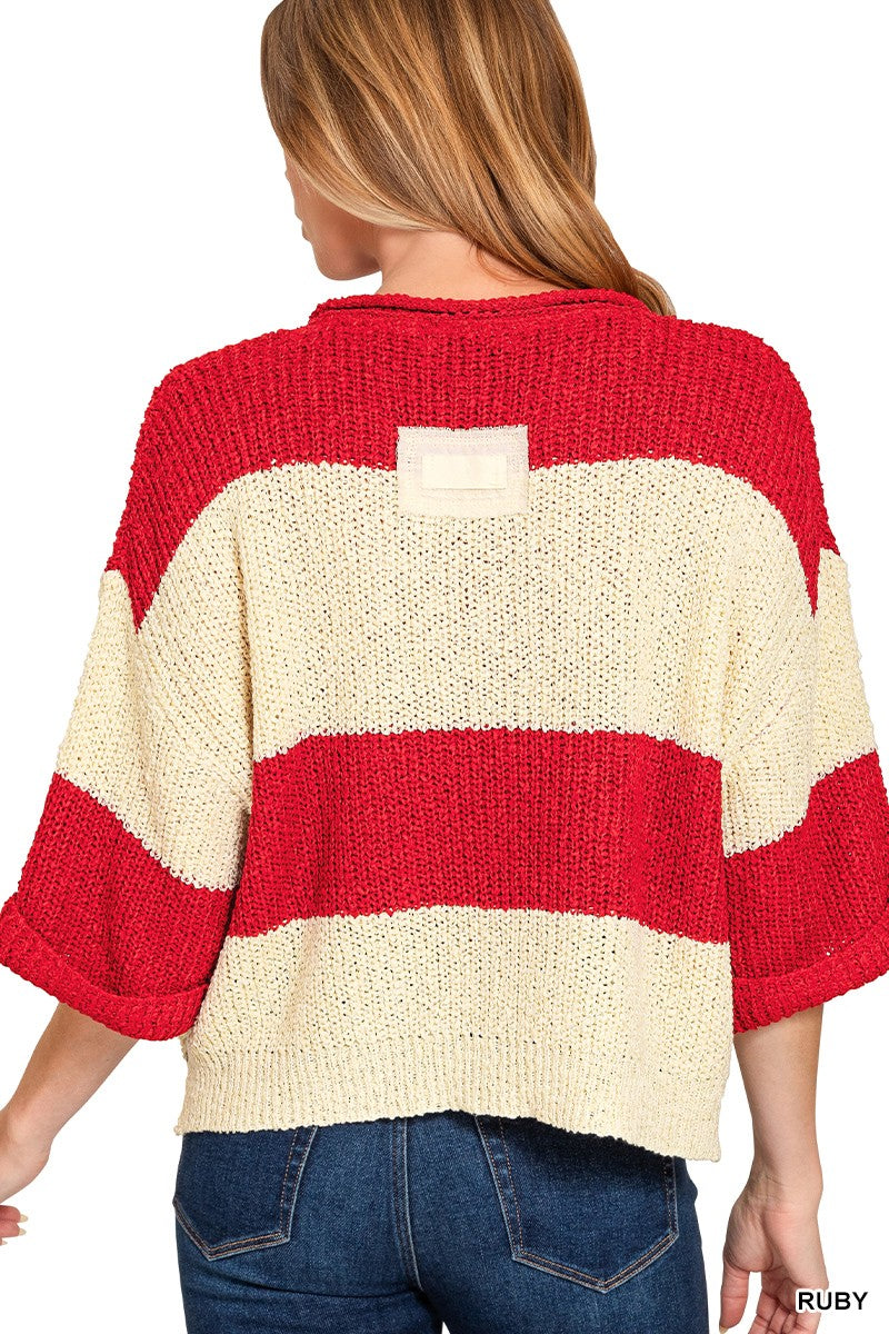 Split Neck Stripe Sweater
