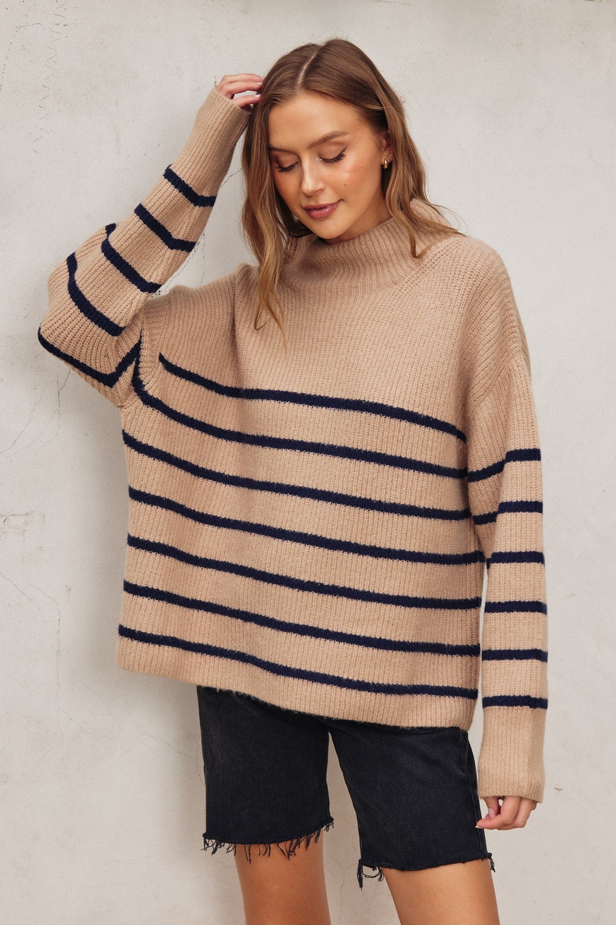 High Neck Striped Hem Sweater