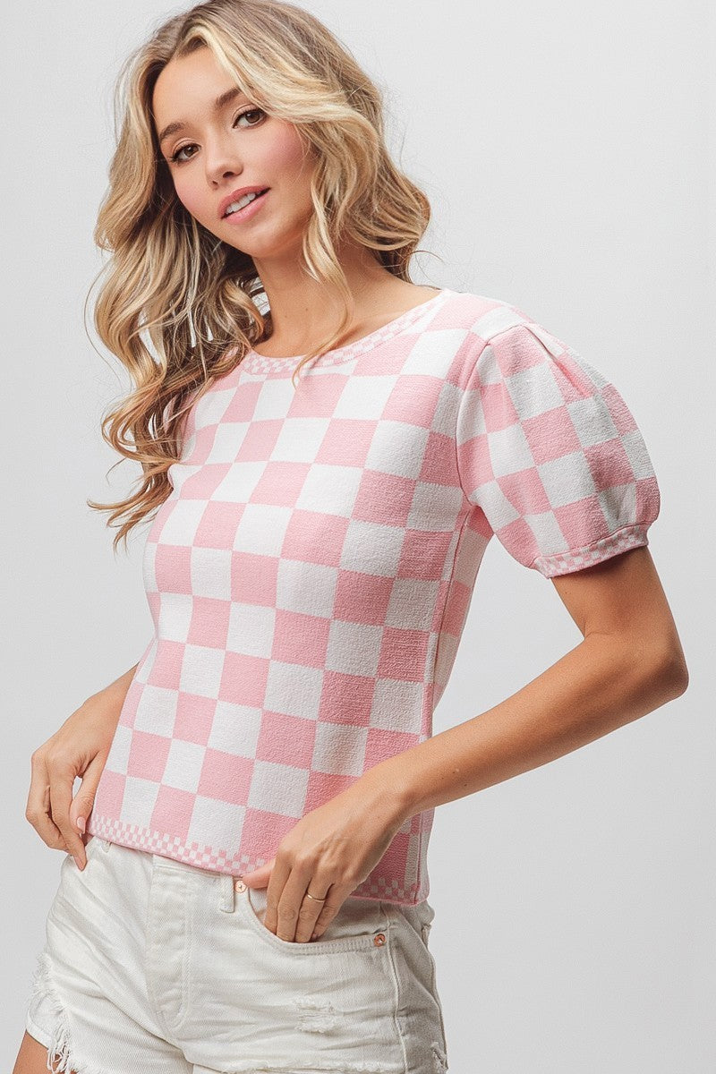 Mixed Checkered Pattern Puff Sleeve Sweater