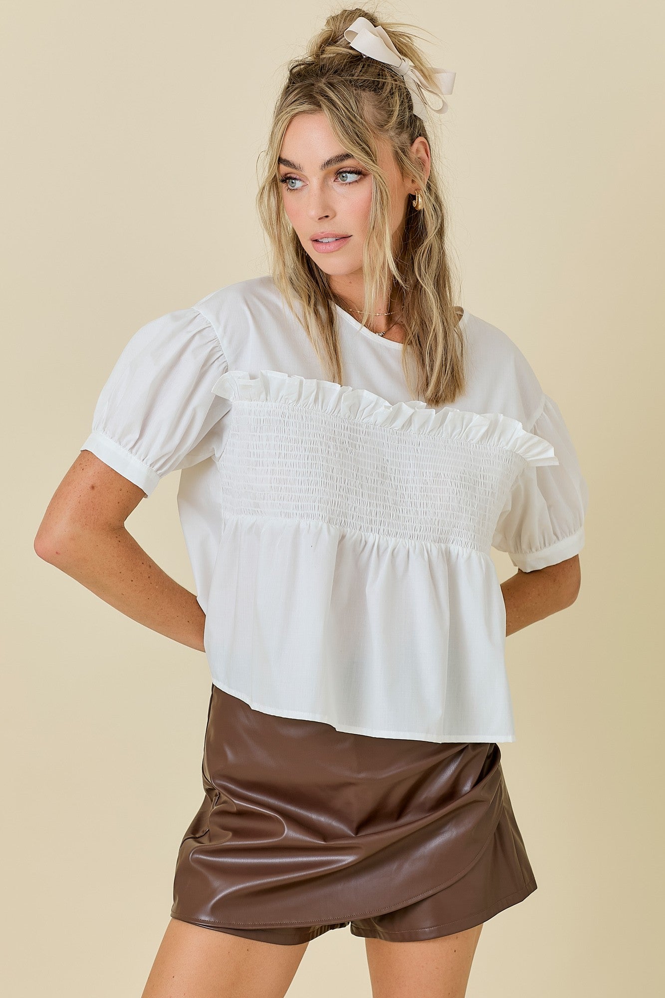 Poplin Blouse With Ruffle And Smocking Detai