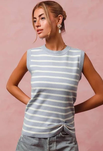 Striped Sleeveless Sweater W/Twisted Hem