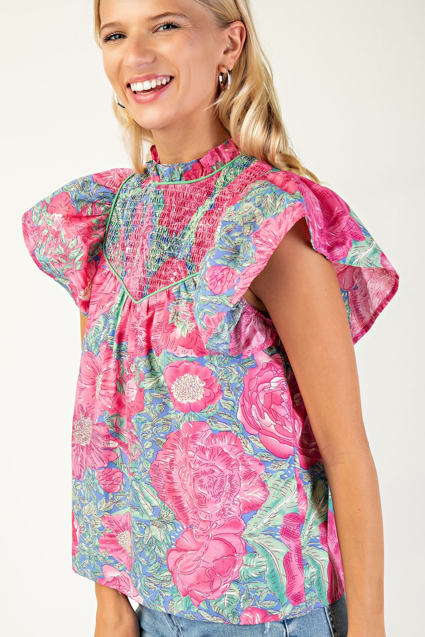 Smocked Neck Blouse Ruffled Sleeves