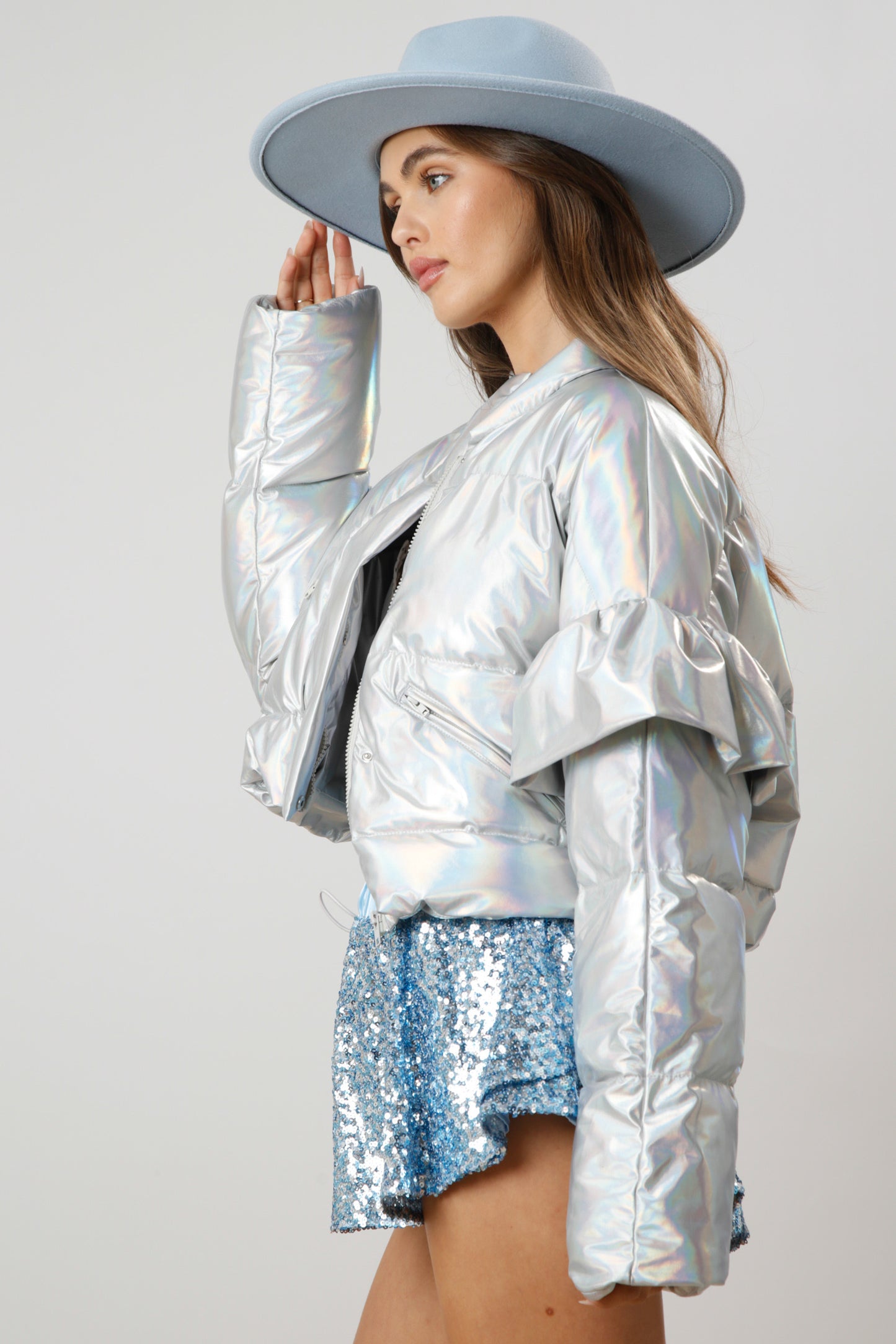 Metalic Ruffle Sleeve Puffer