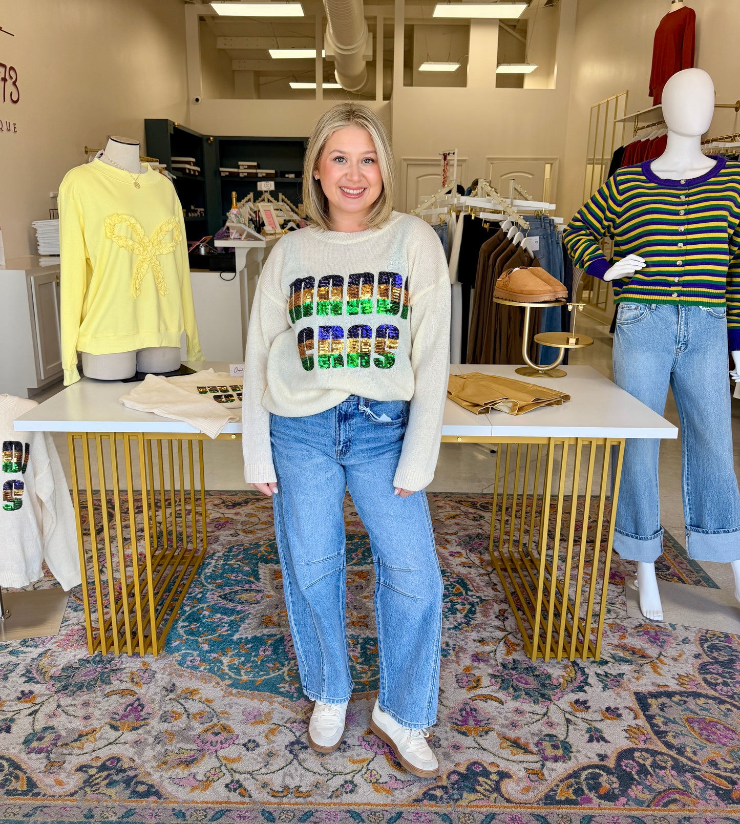 Mardi Gras Sequin Lattering Knit Top