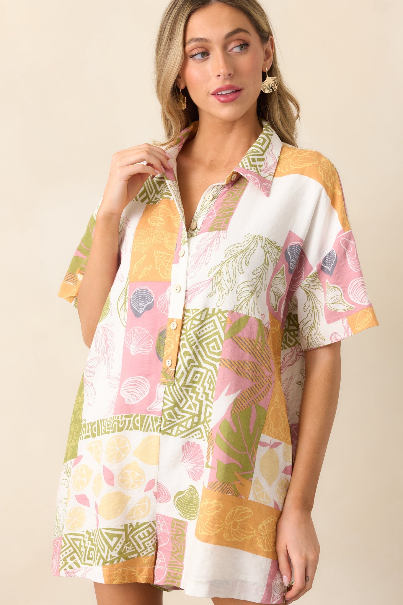 Patchwork Print Button Down Short Sleeve Romper
