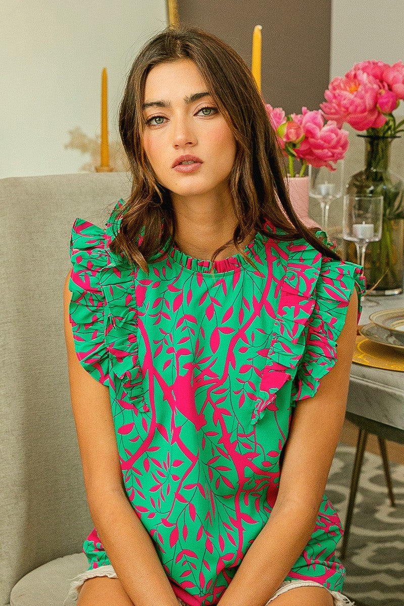 Leopard Leaves Print Top W/Flutter Sleeves