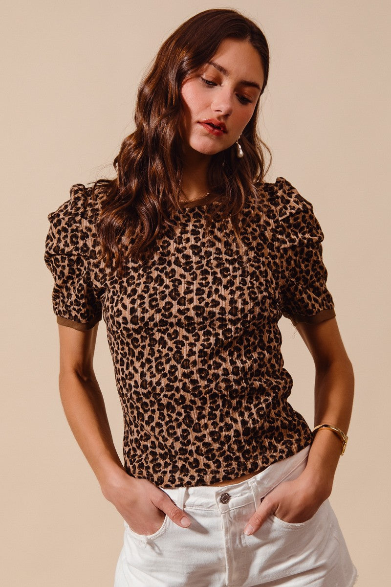 Leopard Print Rib Knit top W/Puff Sleeves