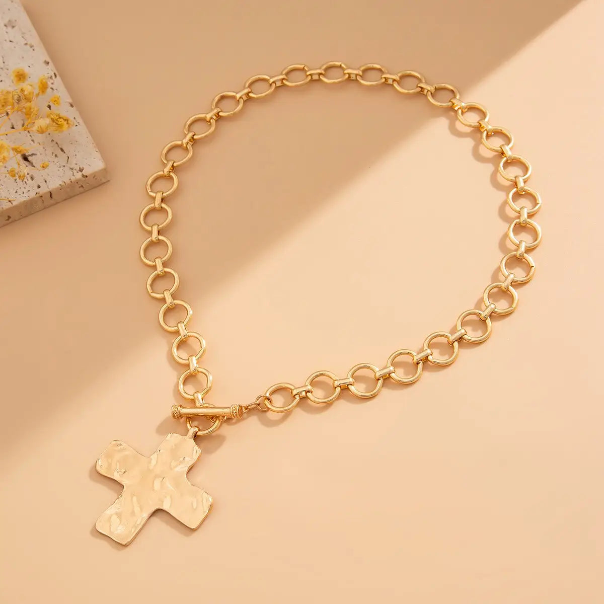 Gold Notable Hammered Cross Front Toggle Necklace