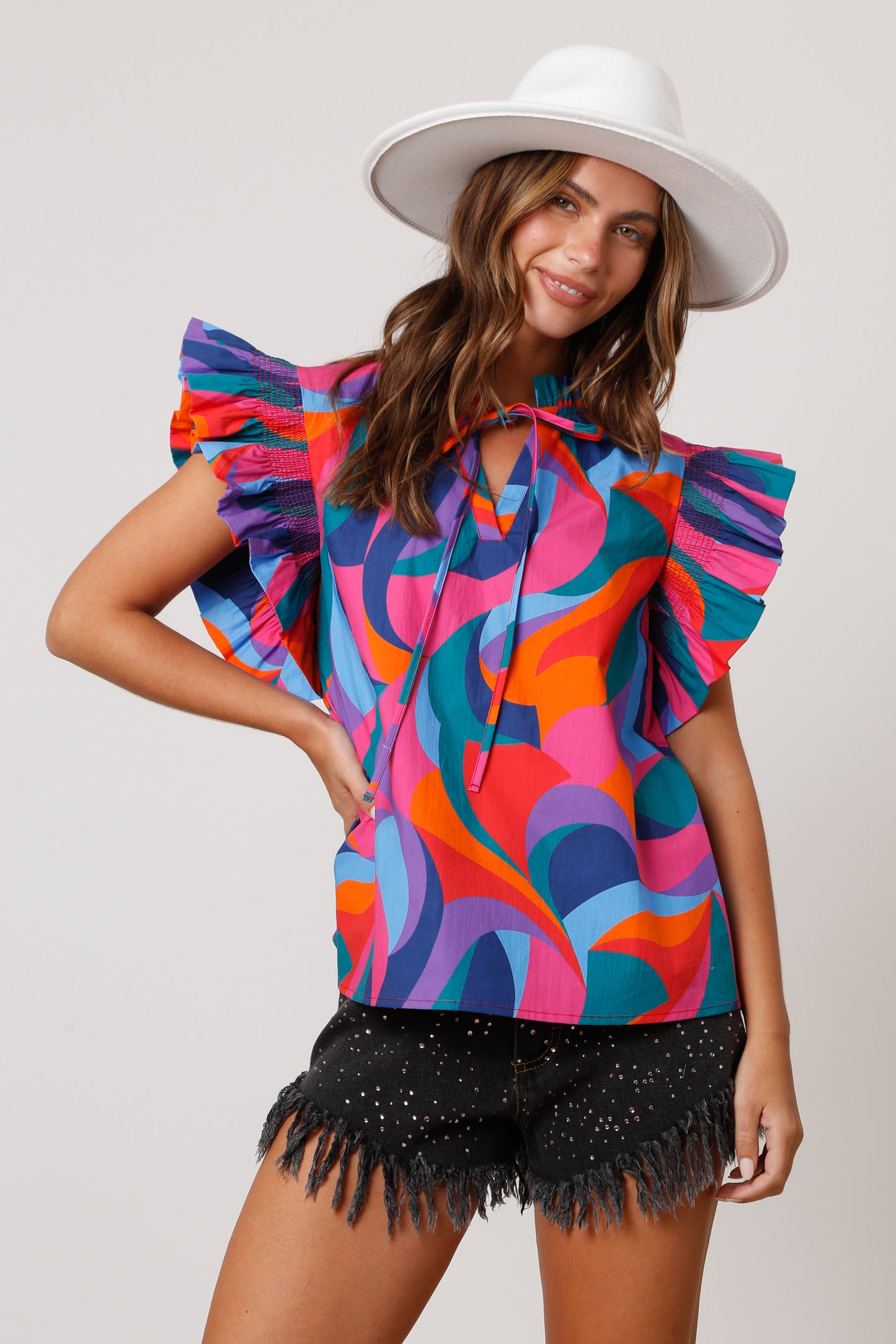 Poplin Geo Print V-Neck Ruffle Top