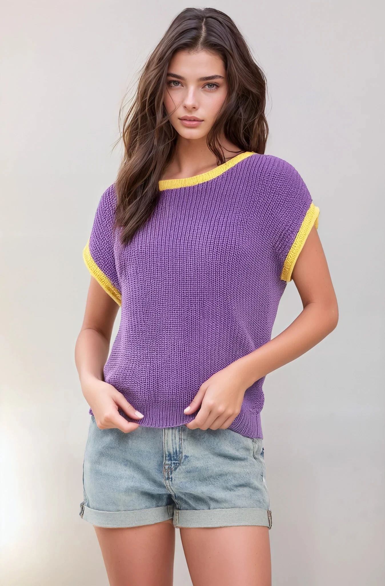 Rolled Sleeve Contrast Trim Knit Game Day Top