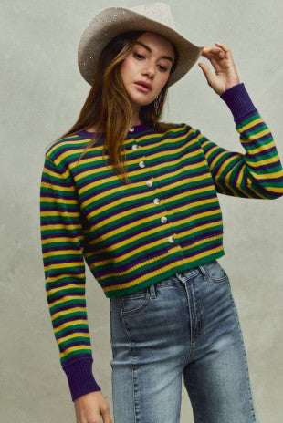 Mardi Gras Color Stripe Button Sweater Cardigan