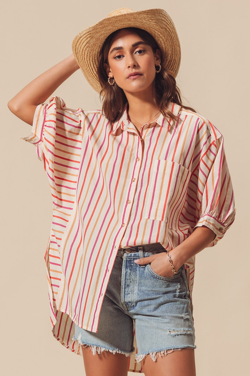 Multicolored Stripe Button Down Top W/Side Slit