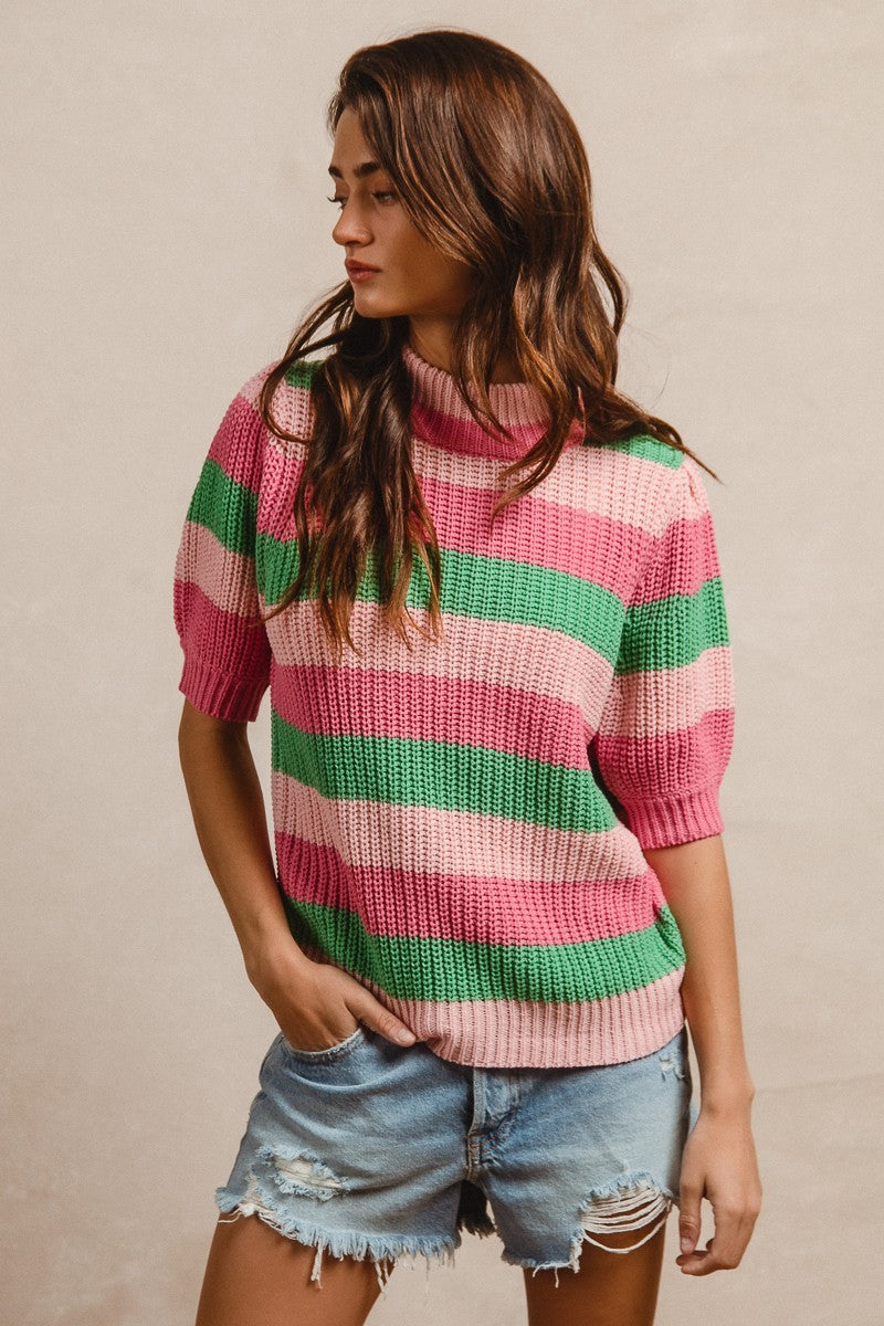 Striped Color Block Knit Sleeve Top