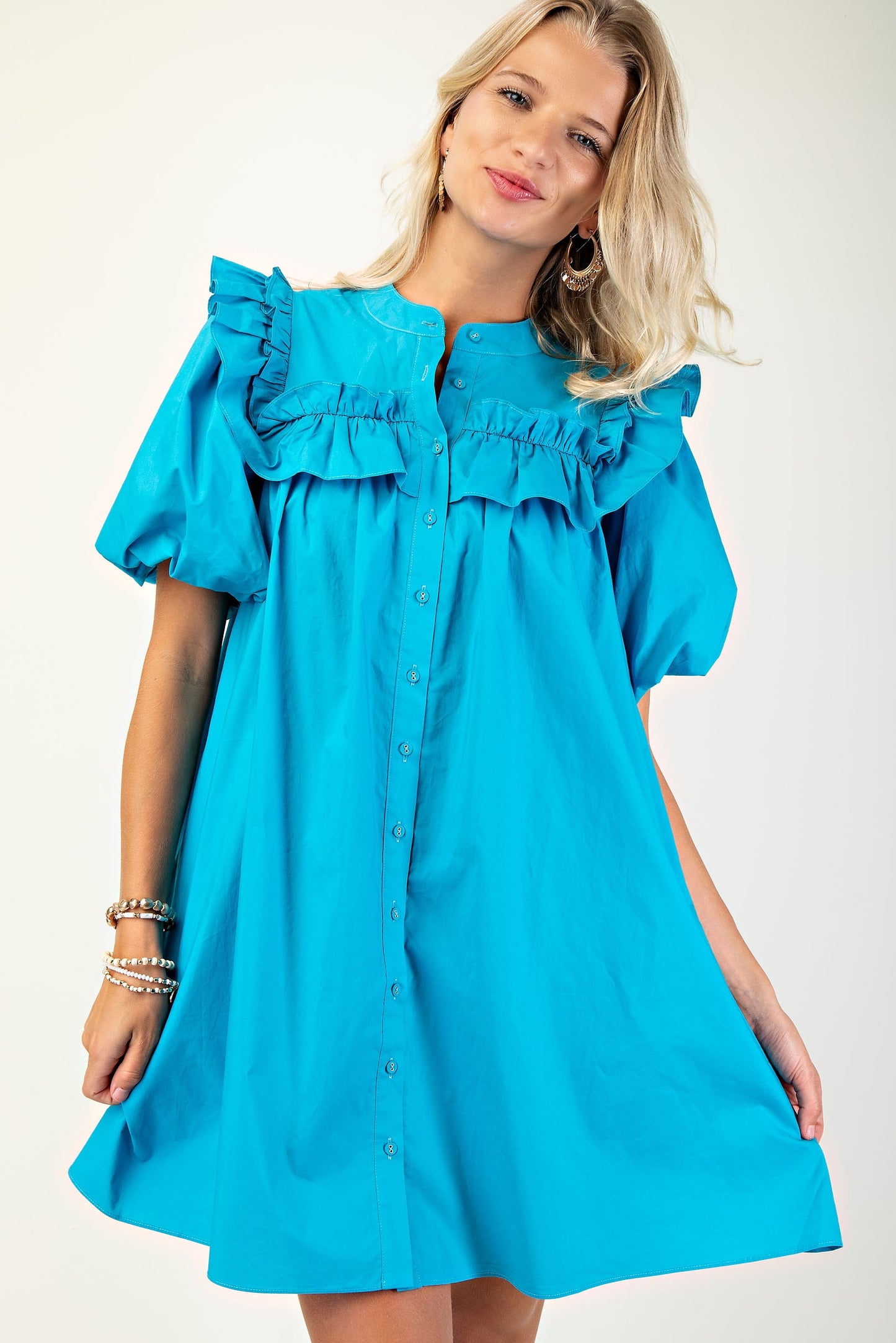 Puff Sleeve Collared Ruffled Detailed Mini Dress