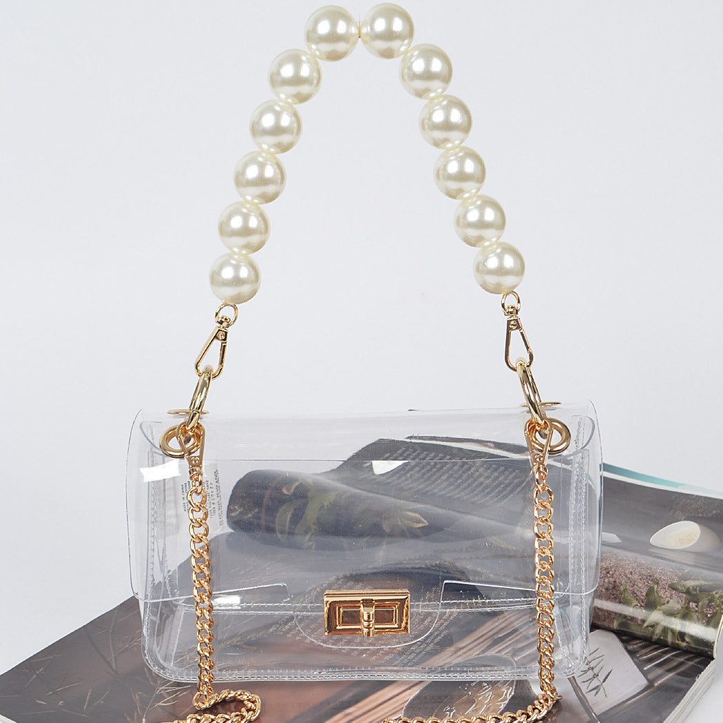 Clear Cross Body Bag W/Pearl Handle