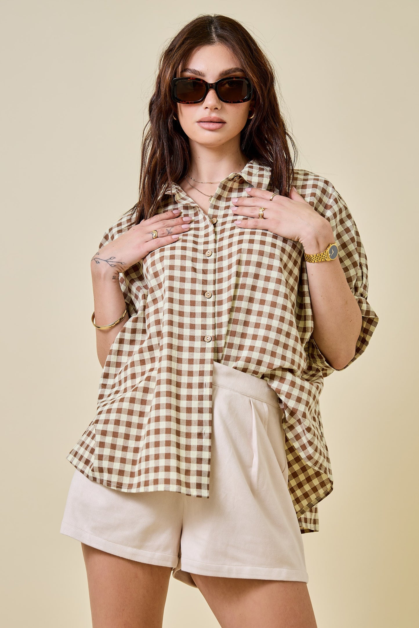 Button Down Textured Gingham Oversized Shirt