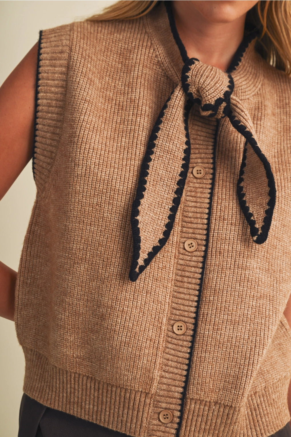 Scallop Trim Tie Neck Knit Vest