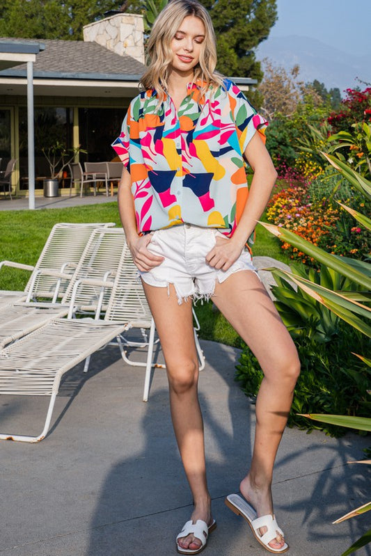 Printed Collared Button Up Top