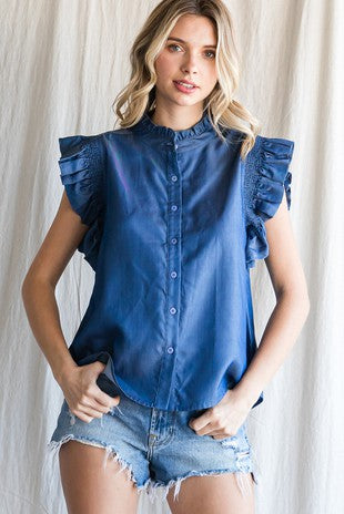 Denim Button-up Frilled Shoulder Top