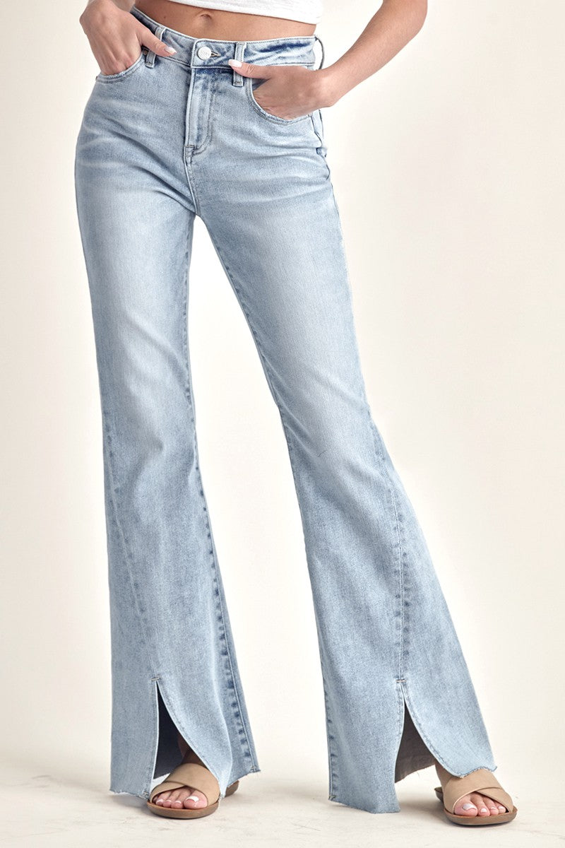 High Rise Twisted Hem Flare Jeans