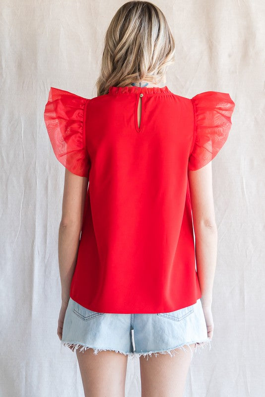 Mixed Fabric Ruffled Cap Sleeves Top