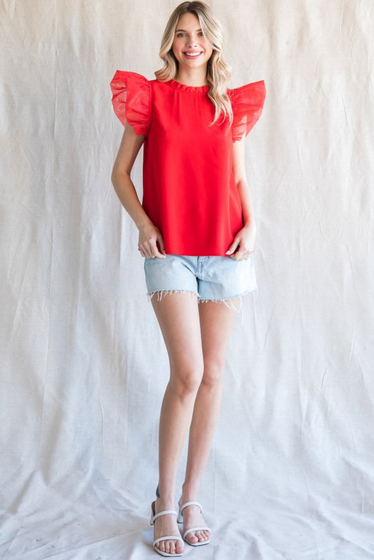 Mixed Fabric Ruffled Cap Sleeves Top