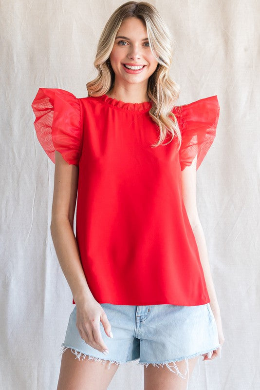 Mixed Fabric Ruffled Cap Sleeves Top