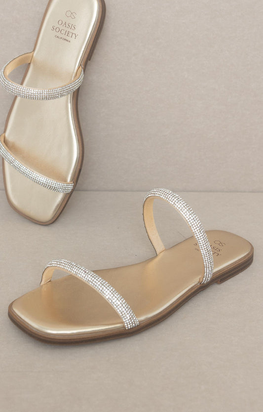 Gold Double Strap Rhinestone Sandals