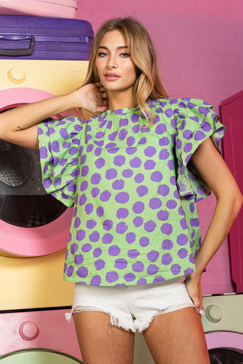 Polka Dot Ruffle Short Sleeve Shirt