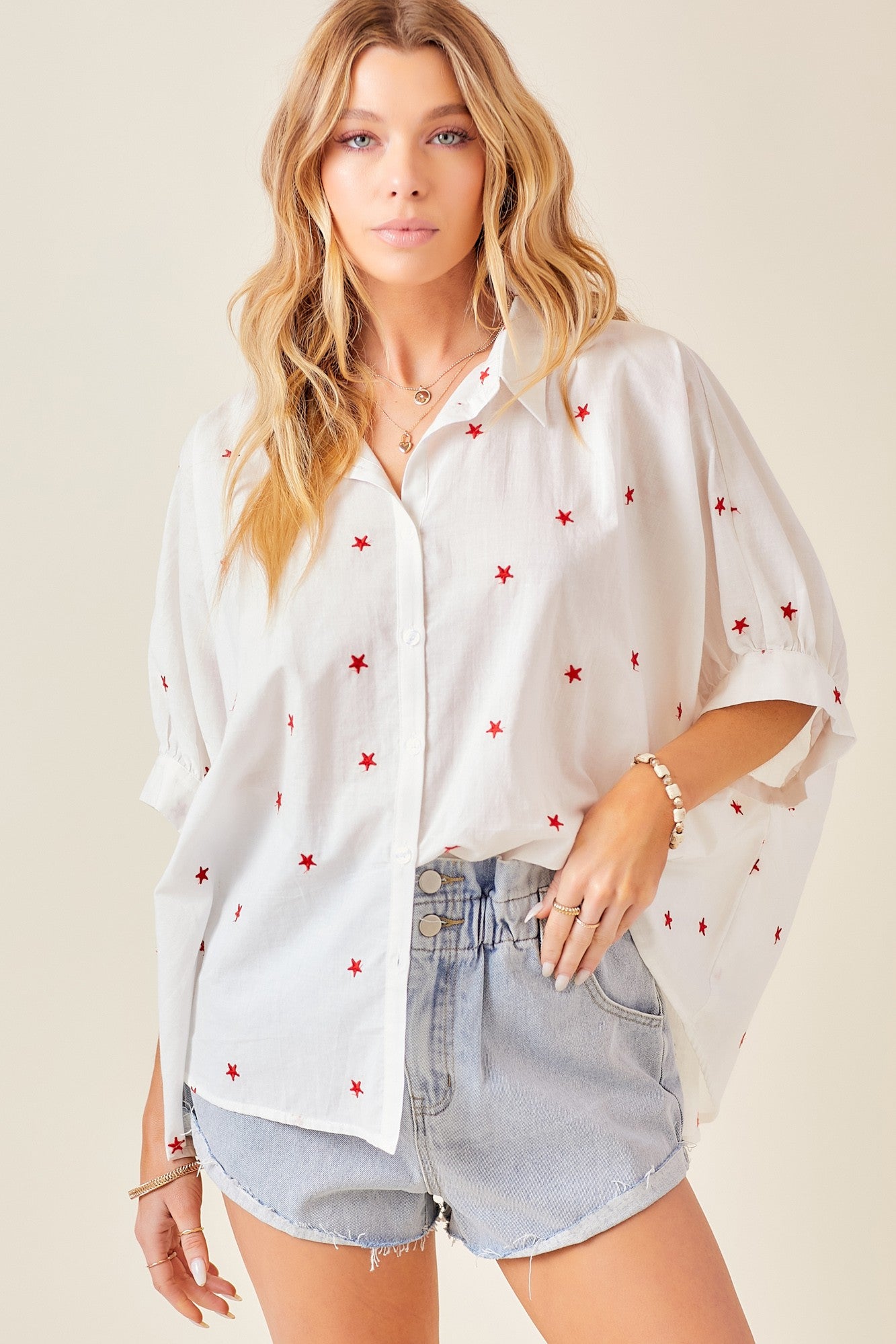 Embroidered Star Oversized Button Down Shirt