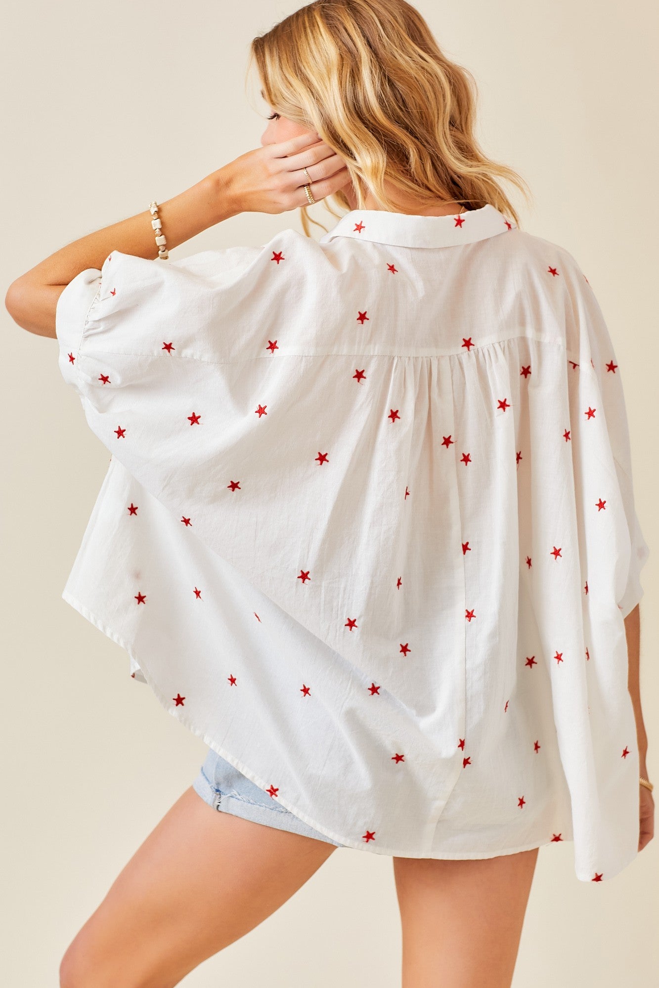 Embroidered Star Oversized Button Down Shirt