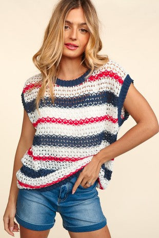 Short Sleeve Multi Color Stripe Netted Crochet