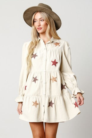 Corduroy Tiered Dress With Star Sequins