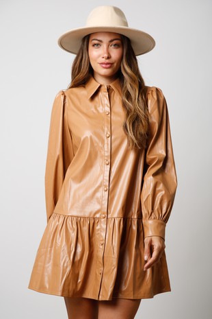 Leather Long Sleeve Collared Dress