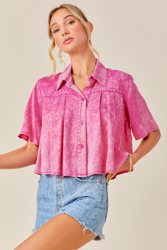 Acid Washed Pleated Cropped Button Down Shirt