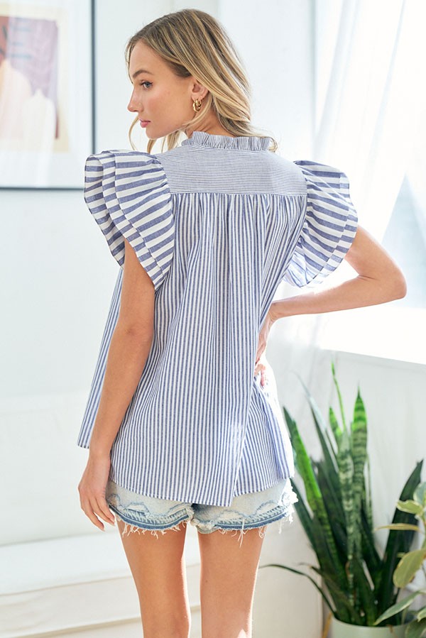 Multi-Striped Flutter Sleeve Blouse