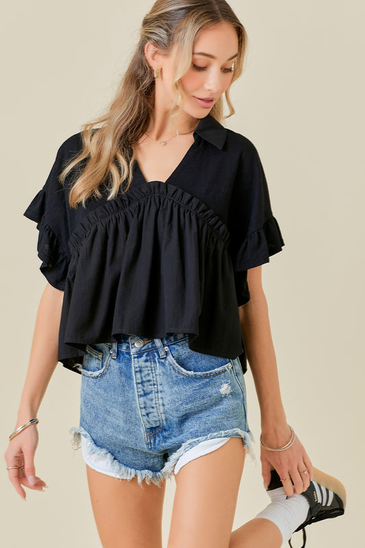 Collared Knit Short Sleeve Top With Contrast Poplin Hem