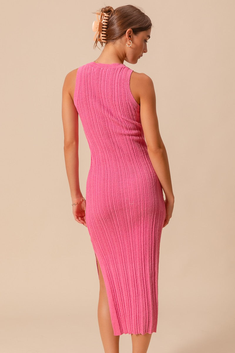 Rib Fitted Midi Dress With Side Slit