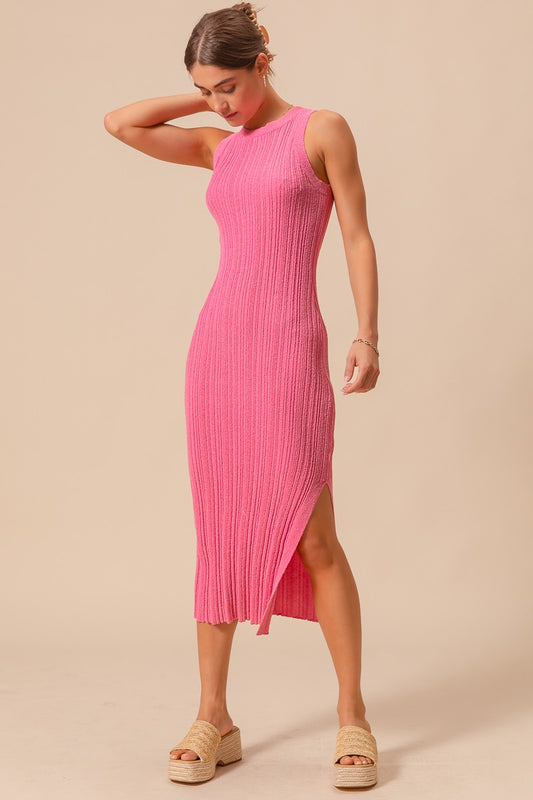 Rib Fitted Midi Dress With Side Slit