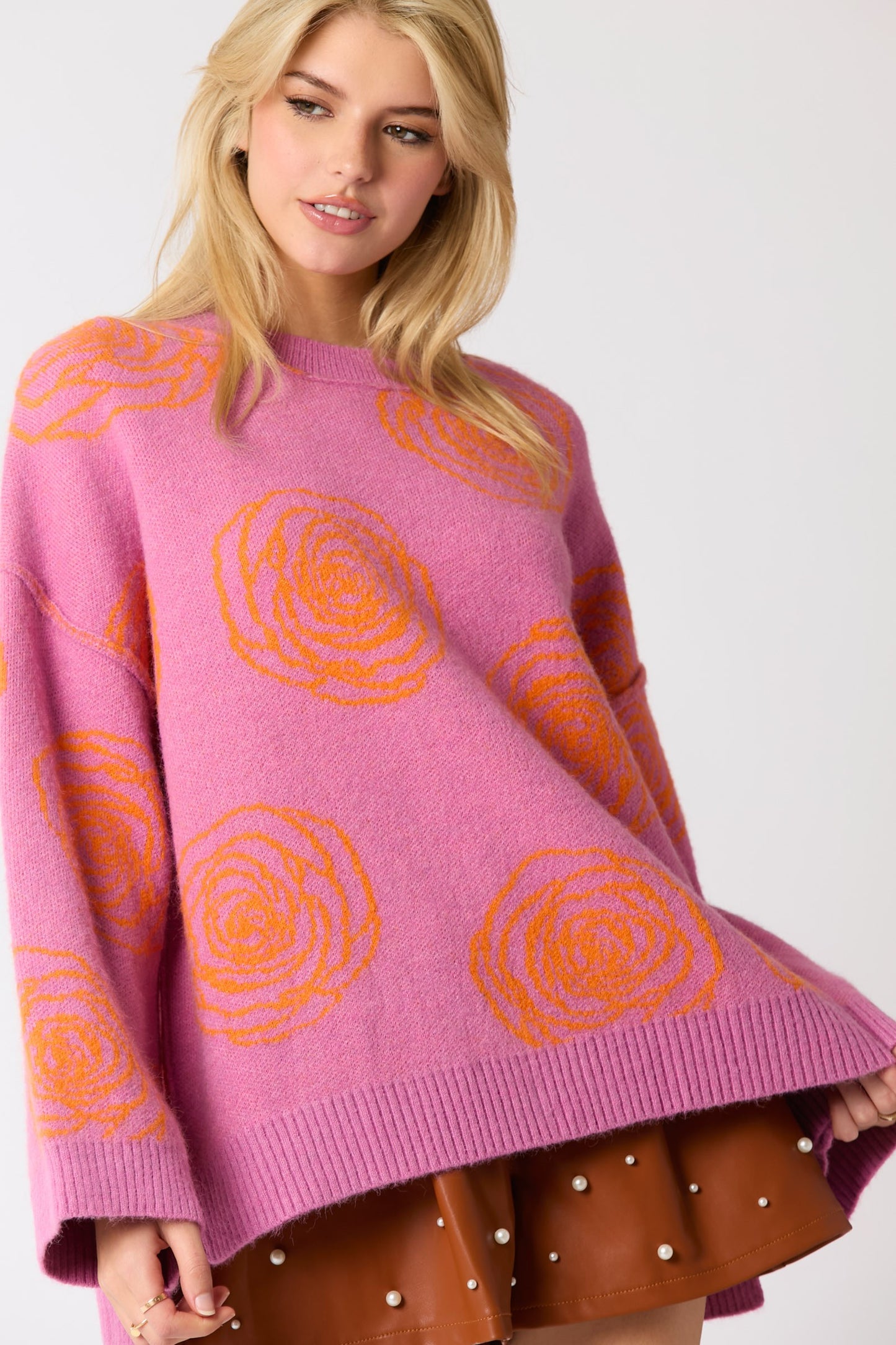 Acrylic Nylon wool Poly Rose Detail Oversized Sweater