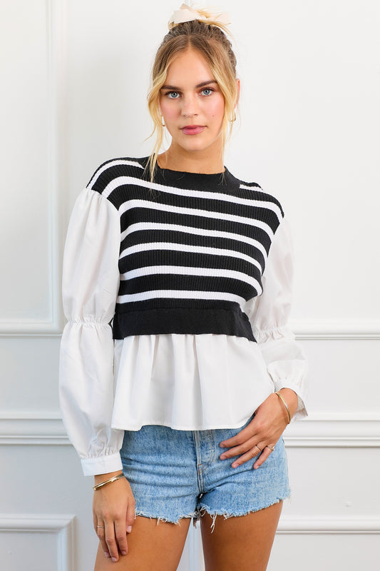 Stripe Sweater Top With Contrasting Poplin