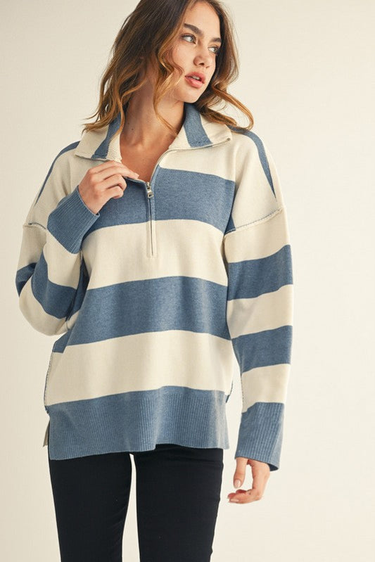 Reversed Stitch Accent Zip Up Sweater