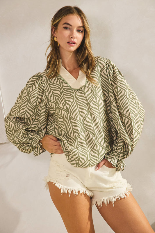 Forest Leaf Lace Puff Blouse