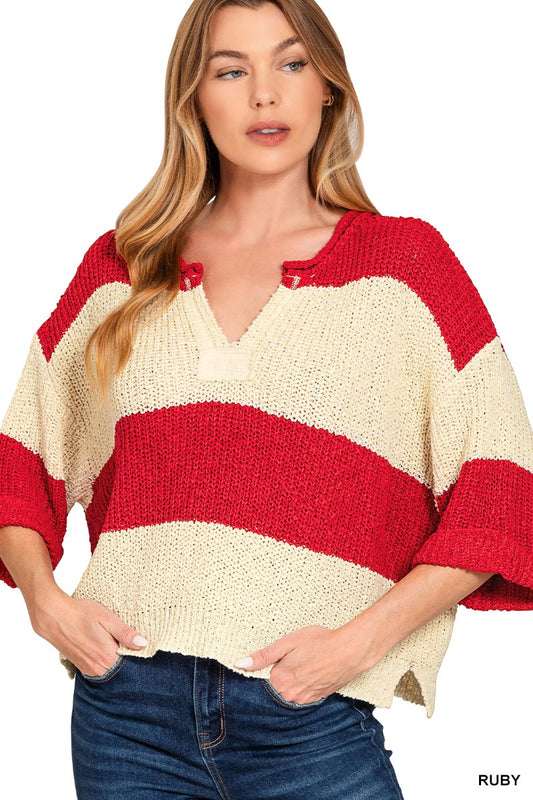 Split Neck Stripe Sweater