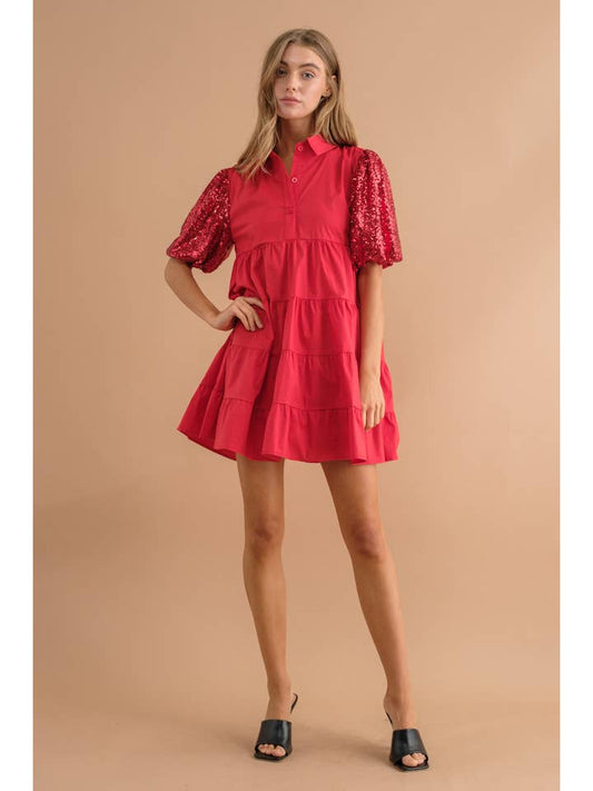 Red Sequin Puff Sleeve Dress