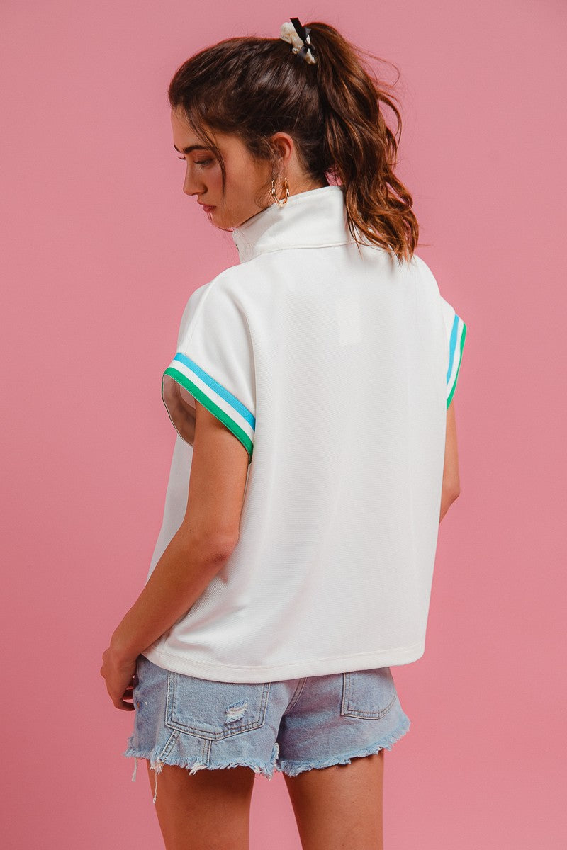 Contrast Banded Front Zip Up Top