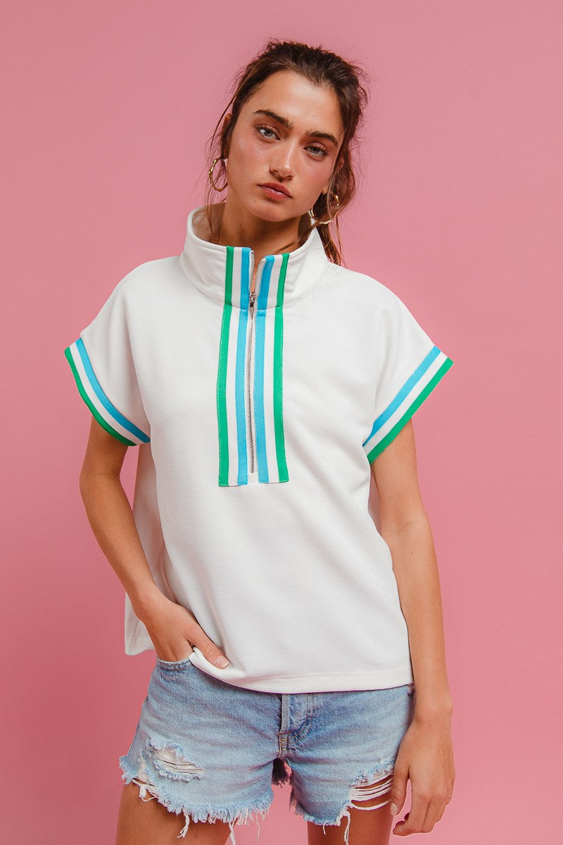 Contrast Banded Front Zip Up Top